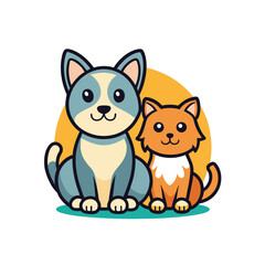 A simple line drawing of a cat and dog sitting side-by-side.