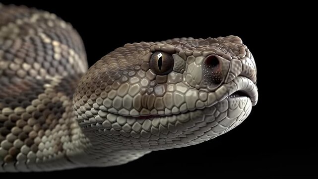 Detailed Close Up of a Western Diamondback Rattlesnake Against a Dark Background Revealing Intricate Scale Patterns and Sharp Eyes Ready to Strike A Portrait of Crotalus Atrox