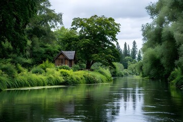 Fototapeta premium Calm river with lush green banks and a quaint wooden bridge under soft evening light