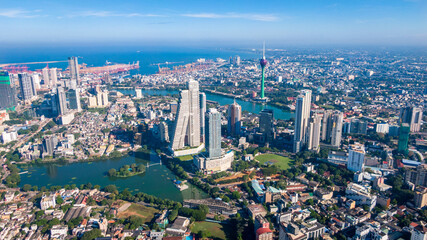 Fototapeta premium Aerial view of Colombo city, Sri Lanka, on a bright day, drone photography, emerging cities, 