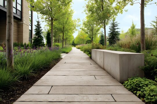Brushed limestone park pathways adding refined sophistication to scenic public green spaces