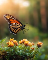 Fototapeta premium Monarch butterfly on yellow flowers in nature – close-up monarch butterfly with blurred background – beautiful monarch butterfly macro photography