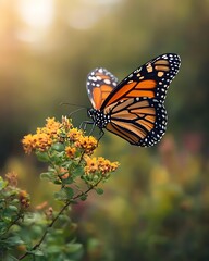 Obraz premium Monarch butterfly on yellow flowers in nature – close-up monarch butterfly with blurred background – beautiful monarch butterfly macro photography
