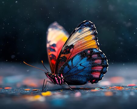 Colorful butterfly close-up with vibrant wings – macro colorful butterfly feeding – stunning colorful butterfly on dark background