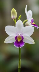 Elegant White and Purple Orchid Blossoms in a Botanical Garden Setting