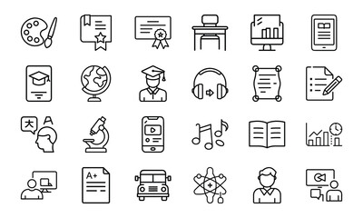 Fototapeta premium 24 Education and School Line Icons Classroom, Online Learning, Graduation, Science, Music, Language, and Study Tools Vector Icon Set for Teachers, Students, and Educational Projects