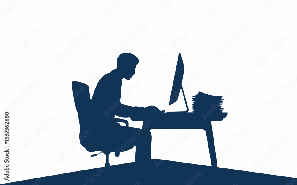 Aufkleber a person working at a computer with a stack of papers on the desk depicted in a clean and modern dar