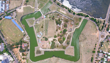 Fototapeta premium Jaffna, Sri Lanka, Ancient Portuguese fort in Ceylon, European architecture in Asia, aerial photography, drone shots, aerial footages of landmarks, tourist destinations, colonising countries