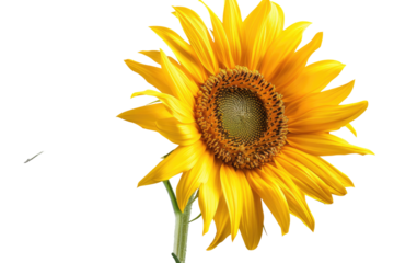 Close-up of a vibrant yellow sunflower.  Bright petals radiate outward from a central disc, showcasing detailed textures. Stem and leaves are visible.  Dark background isolates the flower