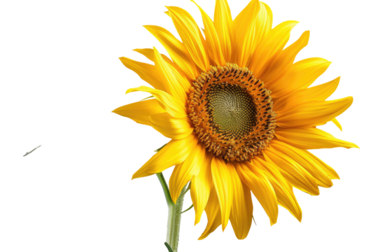 Close-up of a vibrant yellow sunflower.  Bright petals radiate outward from a central disc, showcasing detailed textures. Stem and leaves are visible.  Dark background isolates the flower