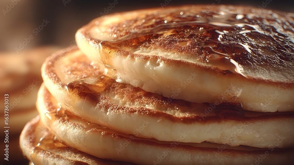 Poster close-up view of a stack of golden pancakes drizzled with syrup.