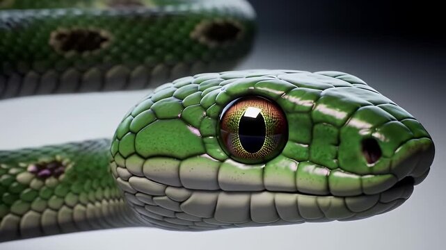Detailed Close-Up of Green Tree Python Head on Clean White Background Highlighting Emerald Scales and Captivating Gaze Exuding Wildlife Majesty Revealing Nature's Beauty for Zoological Studies and