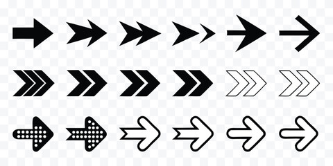 Collection of various arrow icons pointing right in different styles and shapes for website design or presentations offering diverse directions and options