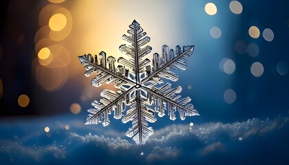 A close-up view of a snowflake reveals a complex and beautiful hexagonal shape.