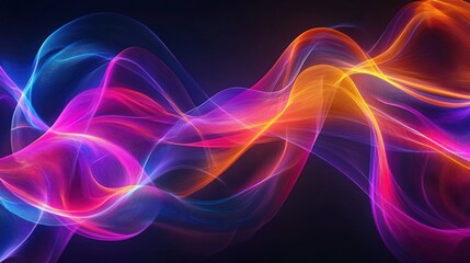 Glowing intertwining ribbons in colorful hues gently flowing over a dark matte background, luminous abstract motion 