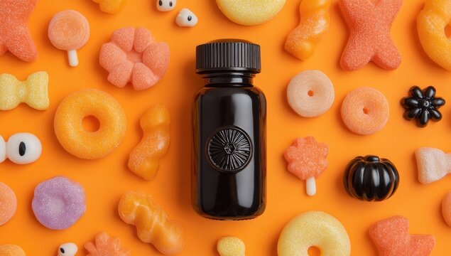 Dark bottle surrounded by Halloween candies on orange