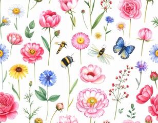 Colorful flowers garden on white background. Hand drawn illustration. Flowers, 