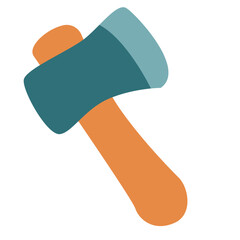 Flat illustration of a chopping axe with blue blade and orange handle, used for cutting wood and logs.
