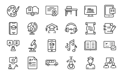 24 Education and School Line Icons Classroom, Online Learning, Graduation, Science, Music, Language, and Study Tools Vector Icon Set for Teachers, Students, and Educational Projects