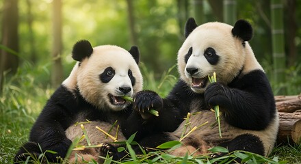 Naklejka premium Two pandas eating bamboo in forest