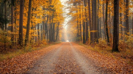 Obraz premium Remote forest road lined with autumn trees, golden leaves blanketing the ground, soft morning light and peaceful atmosphere 