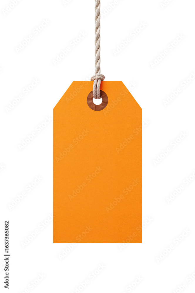 Poster orange price tag suspended by a rustic string against an undefined setting providing space