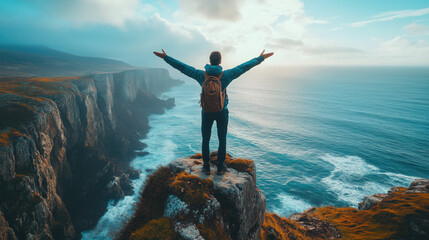 a person standing at the edge of a cliff with wide open arms facing the ocean