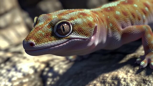 Detailed Close Up Portrait of a Gold Dust Day Gecko (Phelsuma laticauda) Displaying Vibrant Green Orange and Pale Blue Skin and Golden Eyes Perched on a Textured Rock Surface in Natural Sunlight