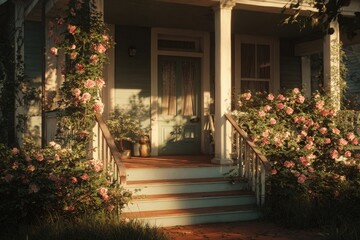 Fototapeta premium Rustic porch, vibrant roses, golden light