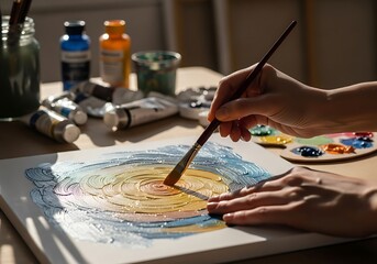 Fototapeta premium Artist hand painting textured abstract art on canvas with brush. Creative process, studio light, rich colors. Perfect for hobby, art, and inspiration.