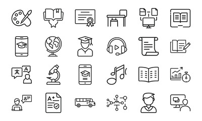 Fototapeta premium 24 Education and School Line Icons Classroom, Online Learning, Graduation, Science, Music, Language, and Study Tools Vector Icon Set for Teachers, Students, and Educational Projects