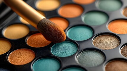 Naklejka premium Close-up of a makeup eyeshadow palette with various colors.