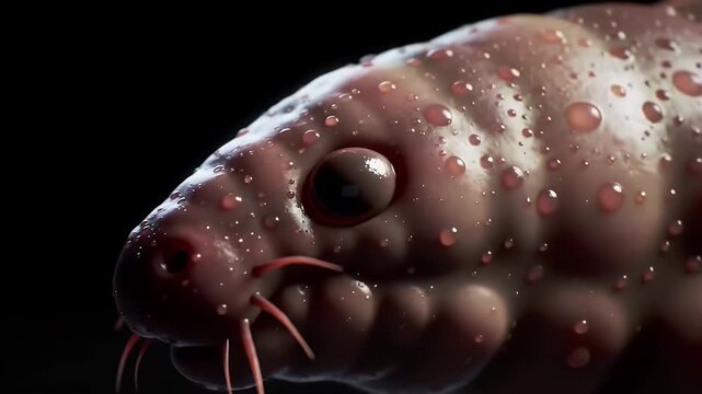 Detailed Macro Shot of Pink Earthworm Lumbricus Terrestris with Glistening Droplets on Segmented Body Showcasing Bristles and Simple Eyes Against Stark Black Backdrop for Soil Biology and Nature