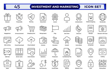 Investment & Marketing icons set. Content, search, marketing, e-commerce, SEO, electronic devices, internet, analysis, social, and more line icon.Money income line icon set.Pension fund, profit growth
