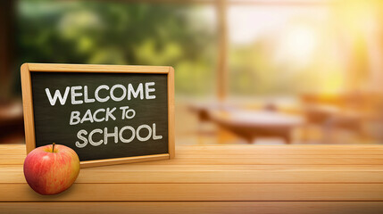 Apple on wooden desk in empty classroom with soft morning light and ‘Welcome Back to School’