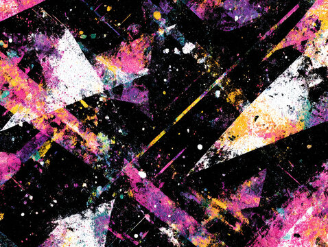 Abstract grunge texture with vibrant lightning shapes and colorful paint splashes in neon yellow, green, pink, and purple tones | abstract, lightning, colorful texture, grunge, neon art