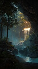 Cave waterfall forest scene