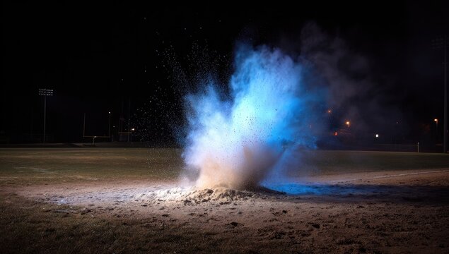 Nighttime explosion on a sports field, colored dust