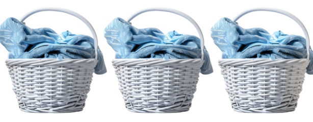 Three white wicker baskets, each filled with light blue clothes