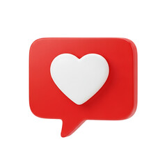 Heart icon within a red speech bubble representing love and online engagement symbolizing connection and social media interaction rendered in 3D