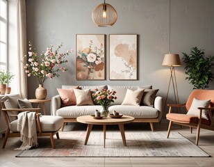 Home furniture. Interior decor. Office room design. Cozy apartment. Soft sofa.