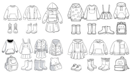 Adorable collection of children&rsquo;s clothing and accessories sketch including hoodies, dresses, skirts, rain boots, and backpacks. Minimalist line art perfect for kids fashion and apparel design.