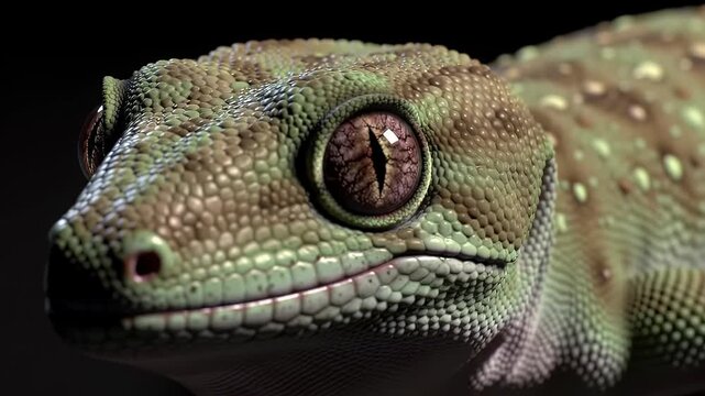 Detailed Portrait of Gold Dust Day Gecko Phelsuma Laticauda on Black Background Showcasing Its Textured Scales and Large Eyes Reptilian Marvel Macro Close Up Wildlife Exotic Tropical Animal