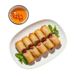 Crispy spring rolls with dipping sauce isolated on transparent background