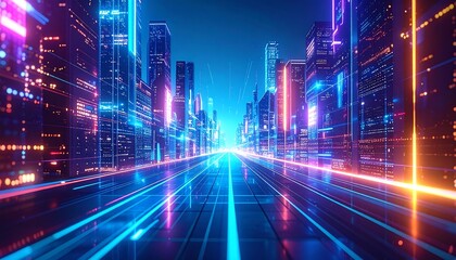Futuristic city streetscape at night, vibrant neon lights illuminating buildings and roads