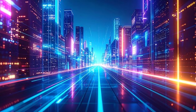 Futuristic city streetscape at night, vibrant neon lights illuminating buildings and roads