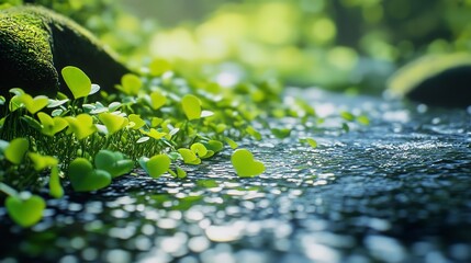 Glimmering stream flowing gently past vibrant lush clover on mossy banks whispering secrets of nature s beauty with