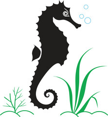 Black seahorse silhouette with green seaweed and bubbles, elegant marine life illustration for ocean art, aquatic design, underwater themes, and coastal decoration projects.