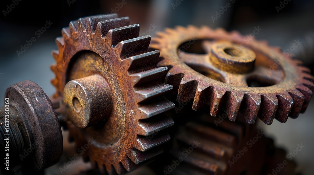 Poster close-up of rusty gears interlocking.