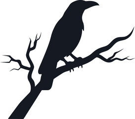 Obraz premium Black raven silhouette perched on tree branch vector illustration, mysterious bird design for nature, gothic art, wildlife decoration, and Halloween theme graphics.